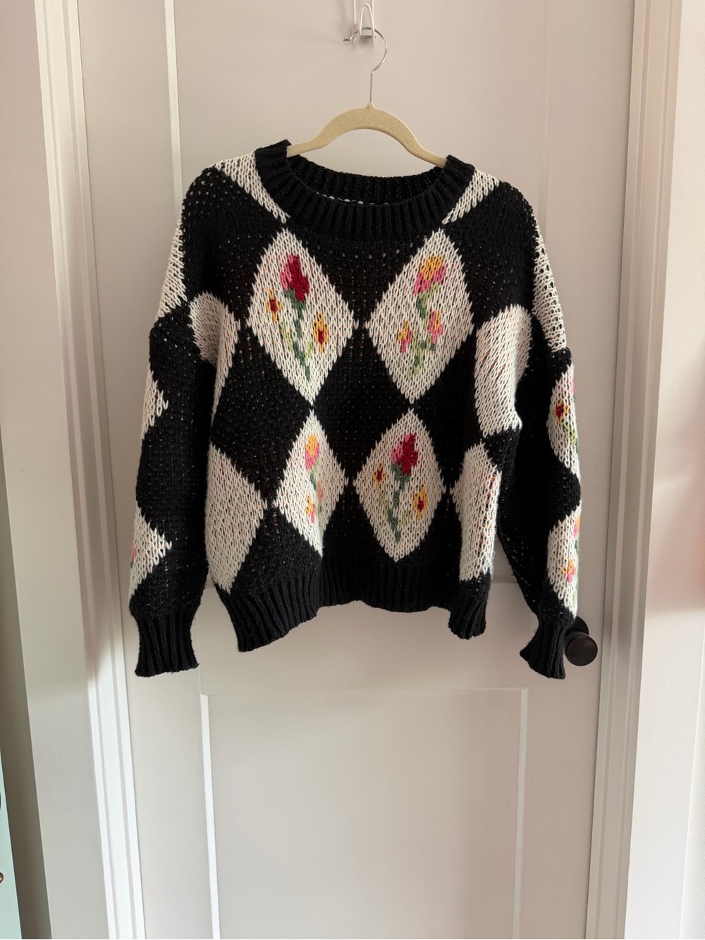 Black & White Argyle Floral Knit Sweater